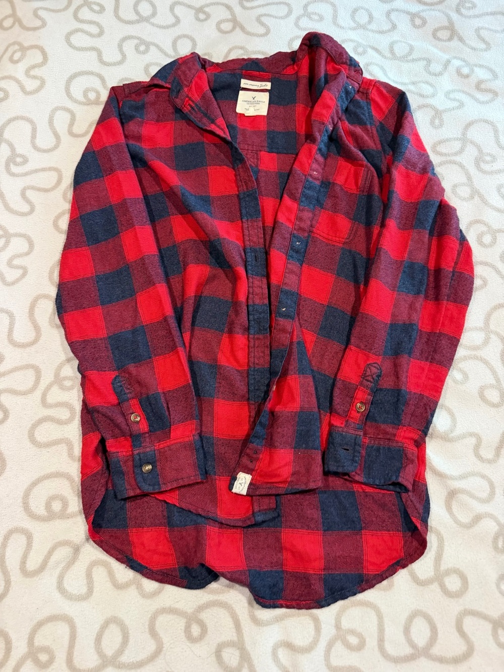 American Eagle Outfitters Red and Navy Plaid Button-Down Shirt